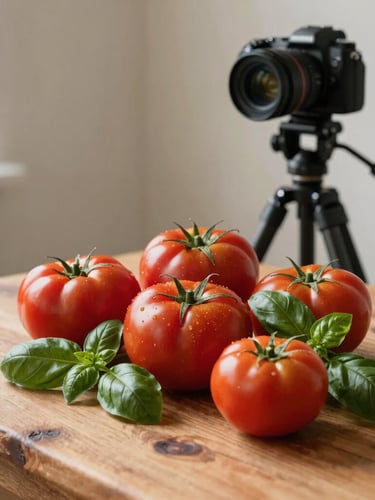 A professional camera on a heavy tripod positioned over a rustic wooden table, capturing a styled arrangement of fresh heirloom tomatoes and dark green basil leaves, side-lit by soft studio daylight.