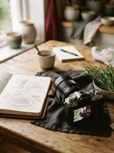 Warm editorial food photography, soft Scandinavian side-light, a rustic wooden table with storyboard sketches, a camera lens, and fresh rosemary sprigs, shallow depth of field, 35mm.