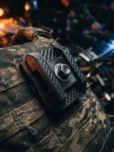 Macro shot of a 3D printed carbon-fiber reinforced polymer mount, showing clean layer lines, mounted on a rugged tactical vest, high-contrast dramatic orange lighting, gritty background.
