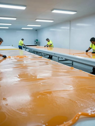 Industrial lamination bay with technicians in high-visibility safety gear applying resin layers to a large composite shell, bright overhead workshop lighting, 35mm
