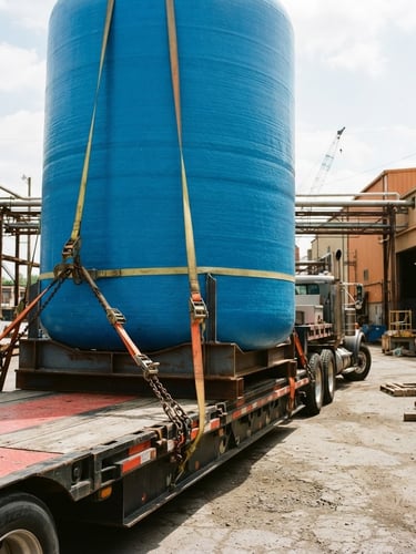 Low angle shot of a massive cylindrical blue FRP tank secured on an industrial transport flatbed inside a bright factory yard, sharp focus, 35mm
