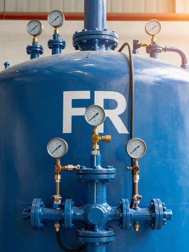Industrial editorial photography of hydrostatic pressure testing of a large blue FRP process tank, pressure gauges and water lines connected, crisp industrial workshop lighting, sharp focus, 35mm lens.