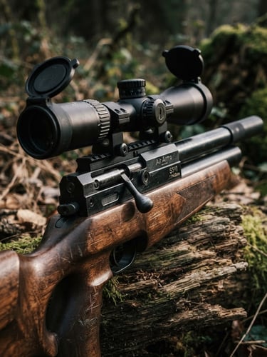Close-up of a high-pressure PCP air rifle receiver with a scope mounted, in a rugged outdoor setting under overcast lighting, metallic textures and rich wood grain popor kayu, dramatic side-lighting, 50mm lens, wide shot