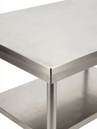 Crisp industrial product photography, bright high-key studio lighting, close-up of a premium commercial stainless steel prep table with perfect seamless joints, clean metallic reflections, sharp focus