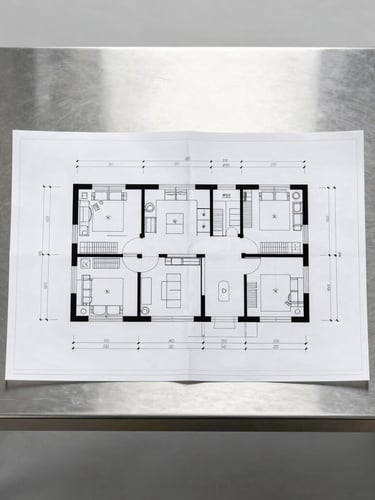 Symmetrical overhead shot of a technical CAD kitchen layout blueprint next to a pristine brushed stainless steel countertop, cool studio lighting