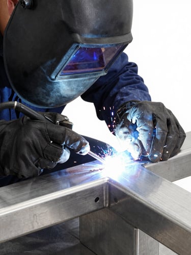 Close-up of a professional industrial welder working on a clean stainless steel joint, bright white lighting reflecting off the metallic surface, focused on the precise weld seam, high-end studio setting