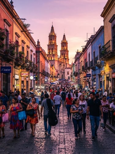 Wide shot of a bustling street in Zapopan, Jalisco, during golden hour, with local architecture and people walking. Saturated purple and pink tones, high-contrast natural light, wide-angle lens, 35mm film look.