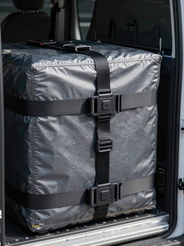 Sharp close-up of high-grade technical securing straps and custom-crated protection inside a pristine transport vehicle, high contrast, cool metallic tones.