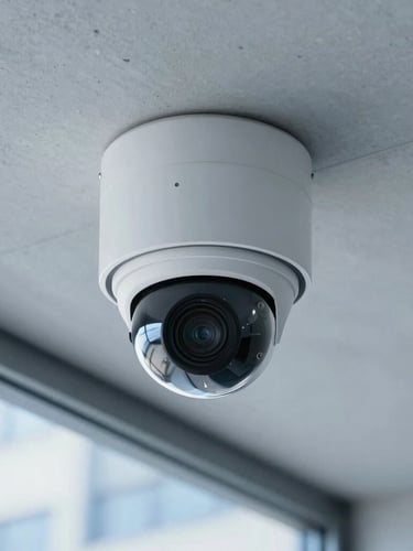 Sharp close-up of a modern white dome CCTV camera mounted on a clean concrete architectural ceiling, cool office daylight, sharp focus, 35mm lens
