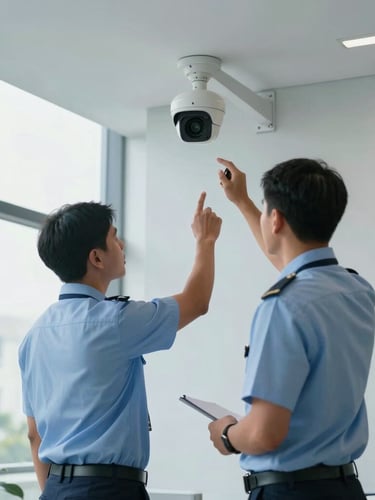 Medium environmental shot of two Lao IT engineers in uniform testing a mounted CCTV security camera inside a modern Vientiane office lobby, natural cool daylight, professional.