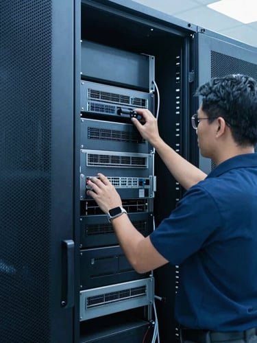 Crisp commercial photography of a modern Vientiane corporate server room, clean technical blue tones, certified engineer configuring enterprise-grade network hardware, cool daylight.