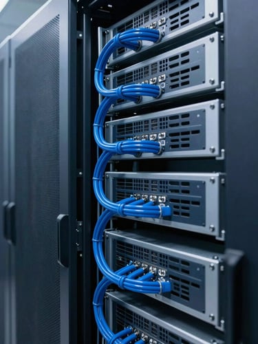 Real server racks with clean blue cable management in a modern server room, cool technical lighting, sharp focus, 35mm lens