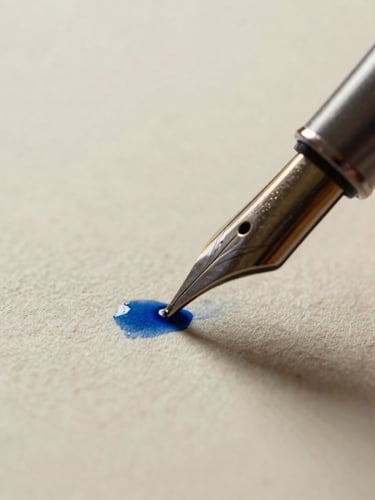 Macro close-up of a steel fountain pen nib gliding over textured cream paper, a small pool of wet blue ink catching soft window light, shallow depth of field.