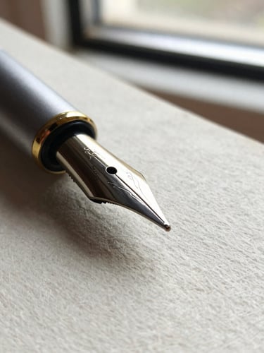 Macro close-up of a steel fountain pen nib resting on textured, heavy-weight cotton paper, soft side-lighting from a nearby window, shallow depth of field, 35mm photography