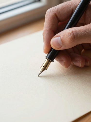 Macro close-up of a craftsman's hands testing the ink flow of a fountain pen on textured cream paper, bright natural side-light
