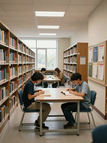 Wide shot of a school library interior, bookshelves lining both side walls, two students seated at a low table reading open books, natural daylight coming through windows at the far end, student-made posters pinned to a display board on the right, quiet activity visible throughout the room