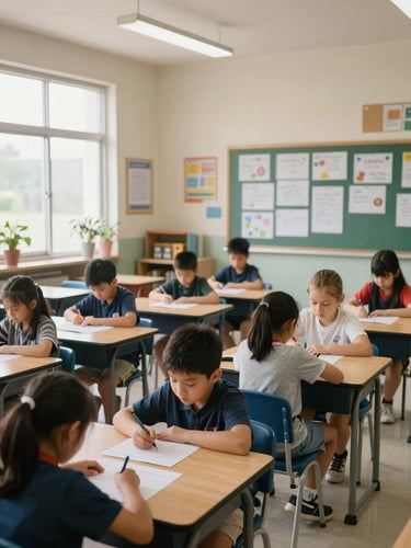 Wide environmental shot of an elementary classroom under natural window light, students seated at small tables working on paper materials, bulletin board covered in hand-written student work visible on the far wall, no posed faces, natural daylight from left