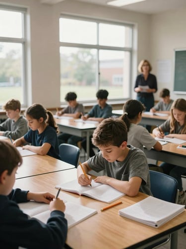 Wide environmental shot of an active classroom during a small-group lesson, natural daylight streaming through tall windows onto student desks covered with open workbooks and pencils, teacher visible in the background, no faces in close-up
