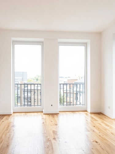 Bright high-key interior photography of a spotless modern London apartment living room, crisp natural daylight reflecting on polished hardwood floors, sharp architectural focus, 35mm