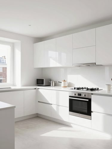 Wide-angle interior shot of a perfectly organized, clean white modern kitchen in a London flat, bright high-key daylight, sharp architectural focus