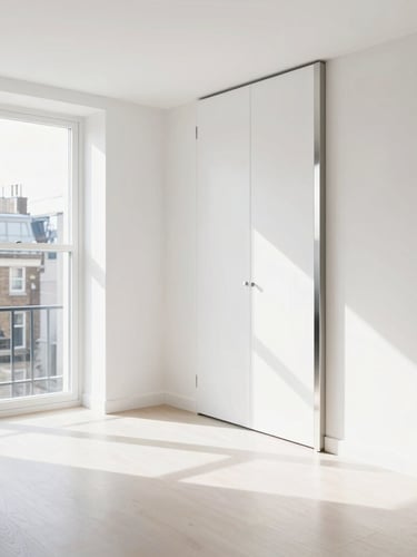 A bright high-key interior photograph of a pristine London apartment living room, crisp natural daylight reflecting on spotless metallic fixtures, sharp architectural focus, 35mm
