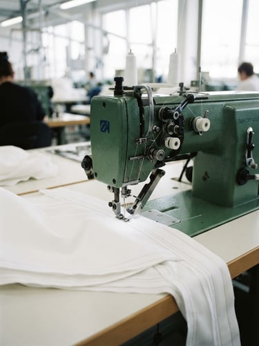 Close-up of precise stitching machinery on a clean industrial factory floor, bright natural daylight, deep green and white tones, 35mm