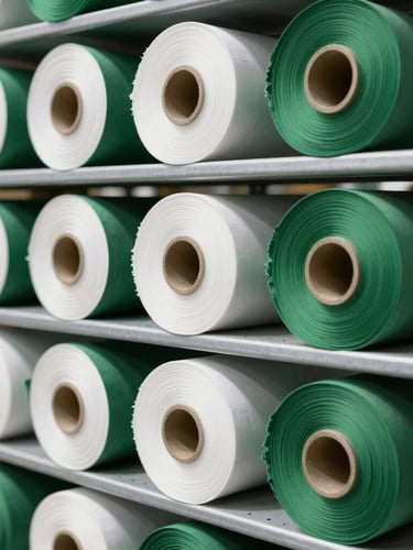 Macro shot of organized fabric rolls in deep green and white tones, stacked neatly on industrial metal shelves under bright natural daylight.