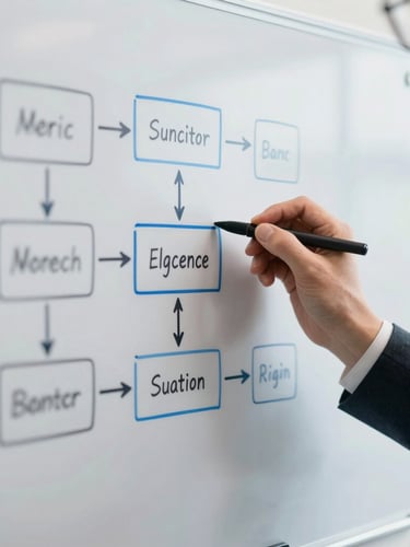 Close-up of hands writing a structured workflow diagram on a whiteboard, bright natural office daylight, sharp focus.