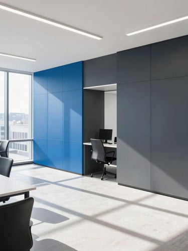Wide environmental shot of a bright, clean Lutz office with professional blue and charcoal accents, natural daylight streaming in.