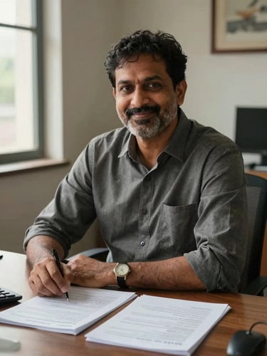 Candid portrait of Sanjay in a warm, natural office setting, sitting at a wooden desk with physical policy documents, soft daylight from a side window.