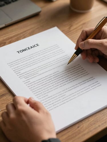 Observation shot of hands holding a printed policy document, a wooden pen resting nearby, warm morning light casting soft shadows.