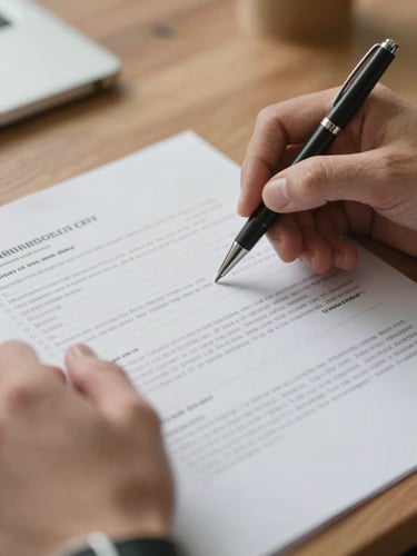 Close-up of hands reviewing a physical policy document with a pen, pointing to small printed terms under warm, natural desk lighting