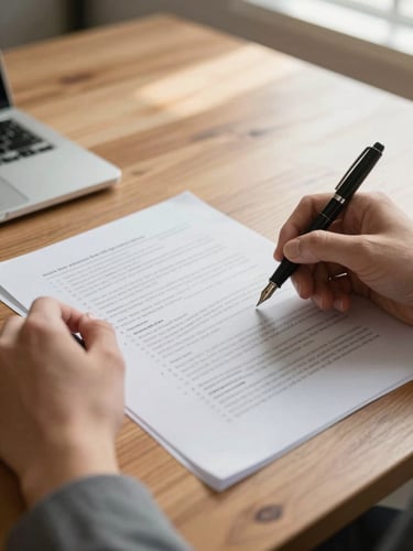 A close-up of hands reviewing physical policy documents with a fountain pen on a warm wooden desk, soft natural window light casting realistic shadows