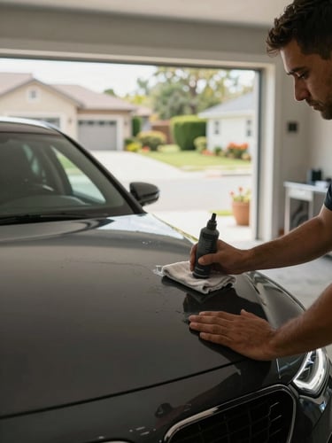 Wide residential garage interior in north-facing daylight, technician hands applying dry-detail product to a dark sedan's hood, microfiber cloth visible, residential driveway and garden blurred softly in the background, documentary natural light