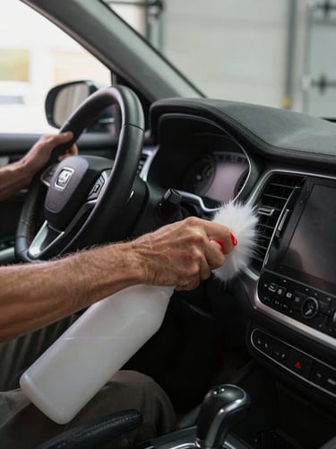 Close-up of technician hands applying dry-cleaning product to a car dashboard panel inside a residential garage, north-facing daylight streaming from the left, product bottle visible at the edge of frame, deep charcoal car interior in focus