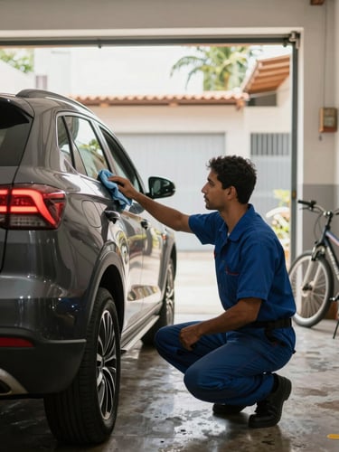 Wide environmental shot of a technician in a residential garage in São Paulo, crouching beside a dark SUV with a microfiber cloth, natural daylight from an open garage door illuminating the scene, residential walls and a parked bicycle softly visible in the background