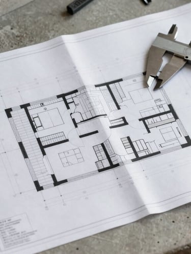 Top-down macro shot of architectural blueprints laid out on a concrete work table, steel calipers and concrete material swatches nearby, natural side lighting.