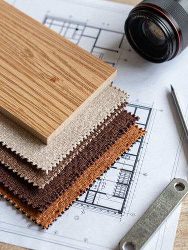 Top-down macro shot of architectural blueprints layered over warm textile swatches, oak wood samples, and steel engineering tools on a clean desk, natural light