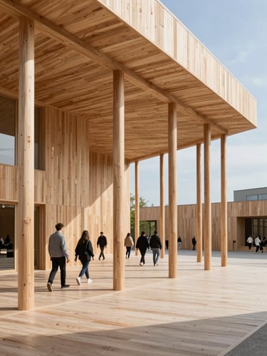 A striking modern timber exhibition pavilion under bright daylight, clean Scandinavian lines, architectural scale, people walking through the installation.