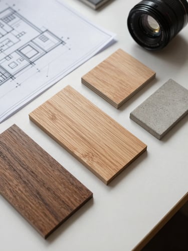 Top-down macro shot of architectural blueprints, raw wood swatches, and concrete samples arranged on a clean worktable under bright natural light.