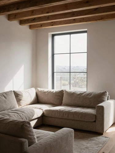 A portrait-oriented, high-contrast shot of a minimalist Scandinavian living room with raw oak beams, natural linen textures, and bright daylight streaming through a large steel-framed window.