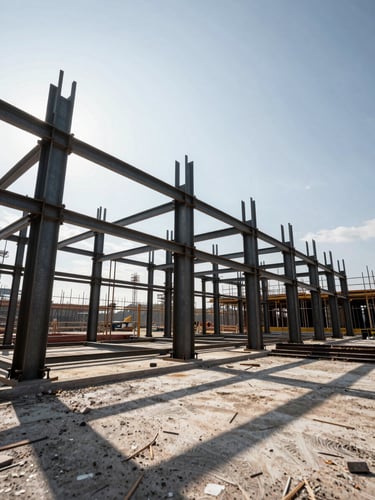 Wide architectural angle of an active civil construction site, steel framing rising against a bright daylight sky, sharp shadows, high-contrast structural lines.