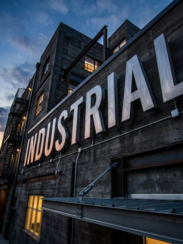 Low-angle architectural shot of massive brushed stainless steel channel letters mounted on a dark concrete building facade at dusk, sharp focus, 35mm lens