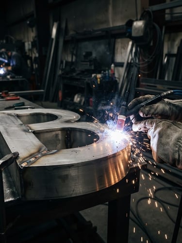 Close-up of a precision welding torch creating sparks on a brushed stainless steel channel letter frame, high-contrast industrial lighting, dramatic workshop environment, 35mm lens