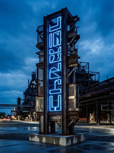 Close-up of a massive illuminated steel totem sign at dusk, glowing blue acrylic letters, architectural structural details, sharp focus, 35mm lens