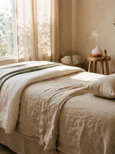 Warm editorial photography of soft diffused coastal daylight falling on textured linen sheets in a quiet, sun-dappled San Diego treatment room, 35mm