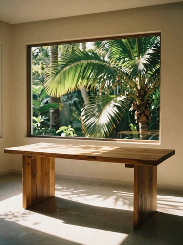 Warm editorial photography of a modern minimalist studio interior with a dedicated teak wood desk, sun-dappled morning light filtering through tropical palm leaves outside the window, 35mm film style.