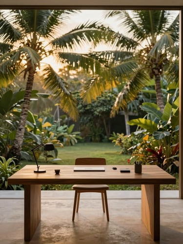 Warm editorial photograph of a modern minimalist workspace with teak wood desk, overlooking a lush tropical garden with palms in Puerto Viejo, soft golden hour sunlight filtering through canopy.