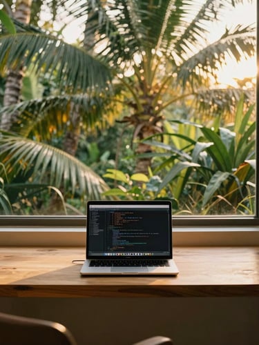 A sun-dappled modern interior workspace with a clean teak desk, a laptop showing lines of code, a large window overlooking lush tropical palms, warm golden hour light