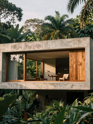 A vertical portrait of a modern concrete and teak two-story house, large open windows showing a minimalist study inside, surrounded by dense tropical foliage, warm morning light.